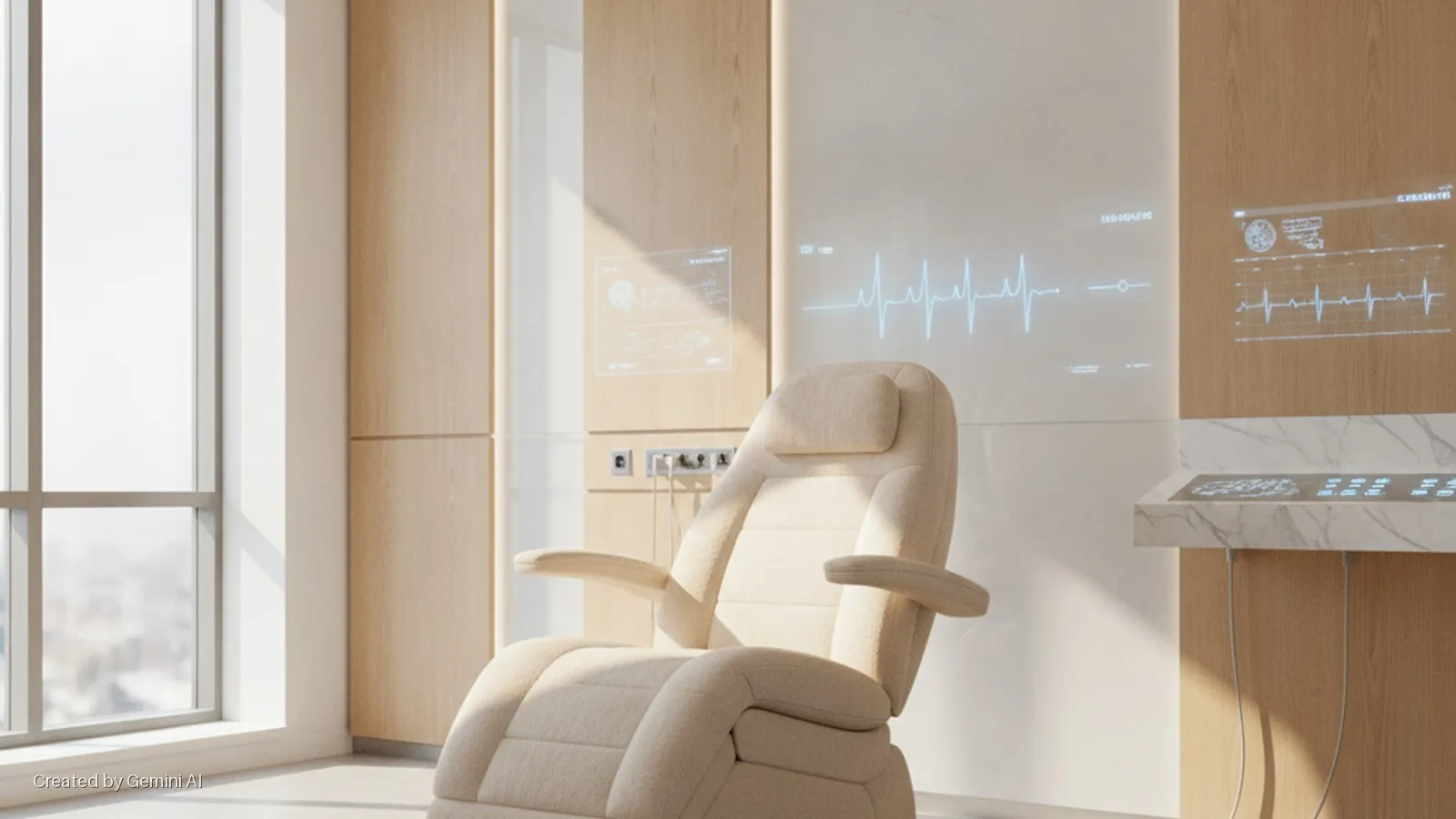 A bright, modern clinic room features a beige recliner chair, a large window, wooden wall panels, a white wall displaying blue digital heartbeat and data graphics, and a marble counter with illuminated controls.
