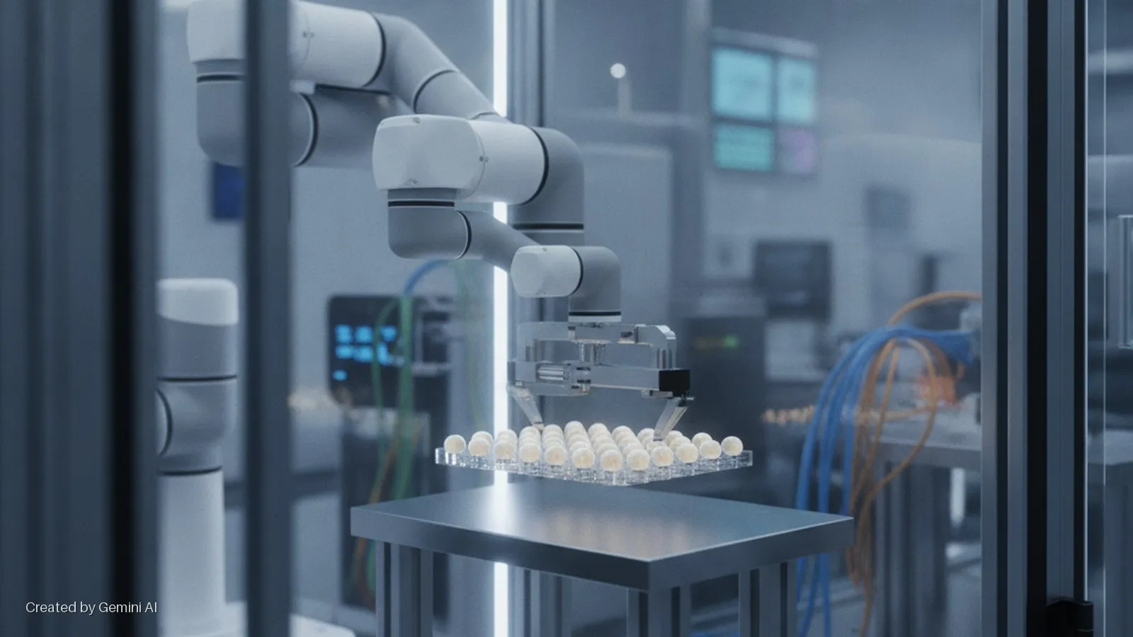A robotic arm with a metallic gripper holds a translucent tray filled with small, pearl-like spheres above a reflective grey table in a cool-toned, automated laboratory setting.