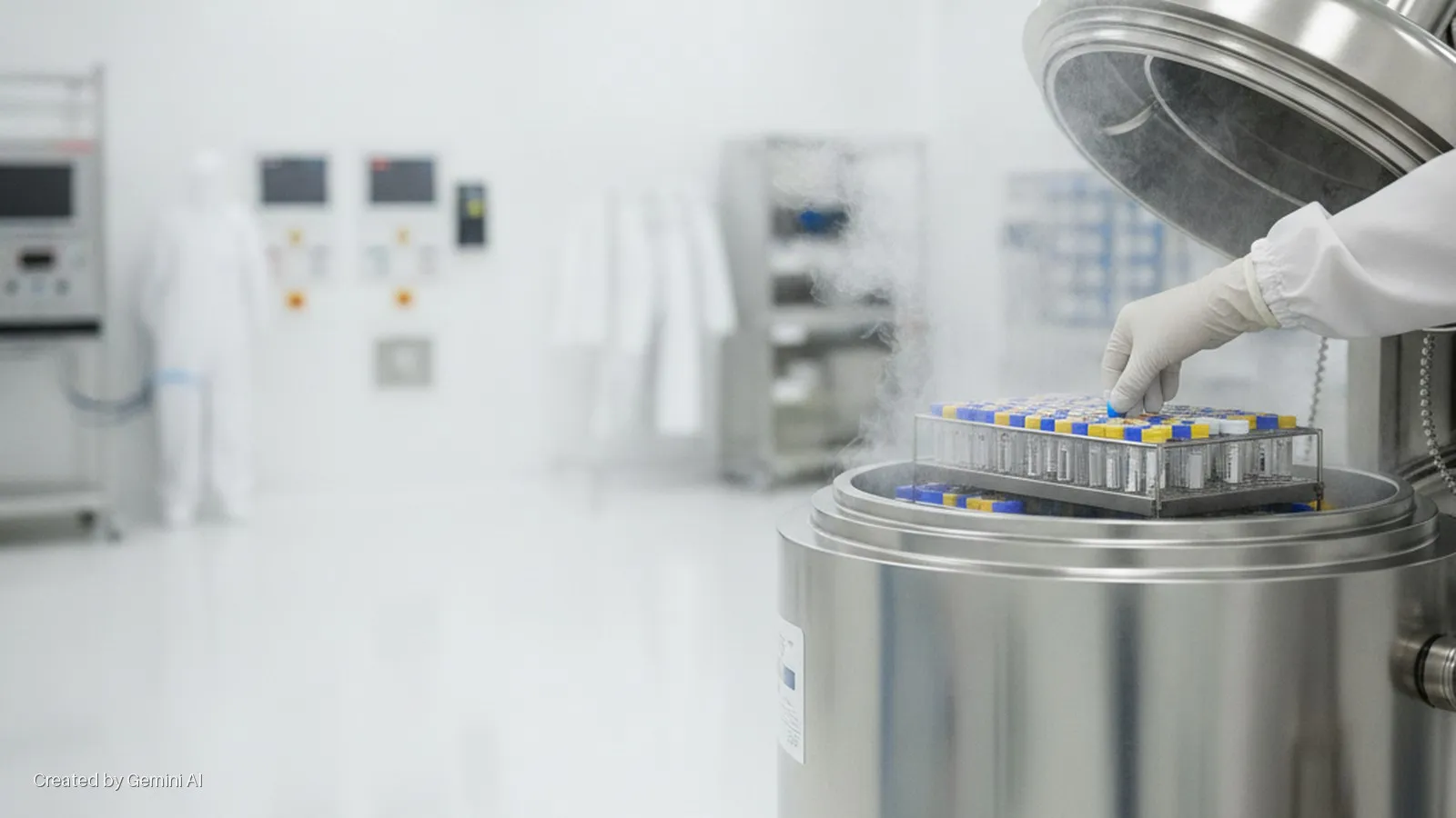 A gloved hand retrieves a blue-capped vial from a rack of samples within a steaming cryogenic storage tank, in a brightly lit white cleanroom with blurred lab equipment and a suited technician in the background.