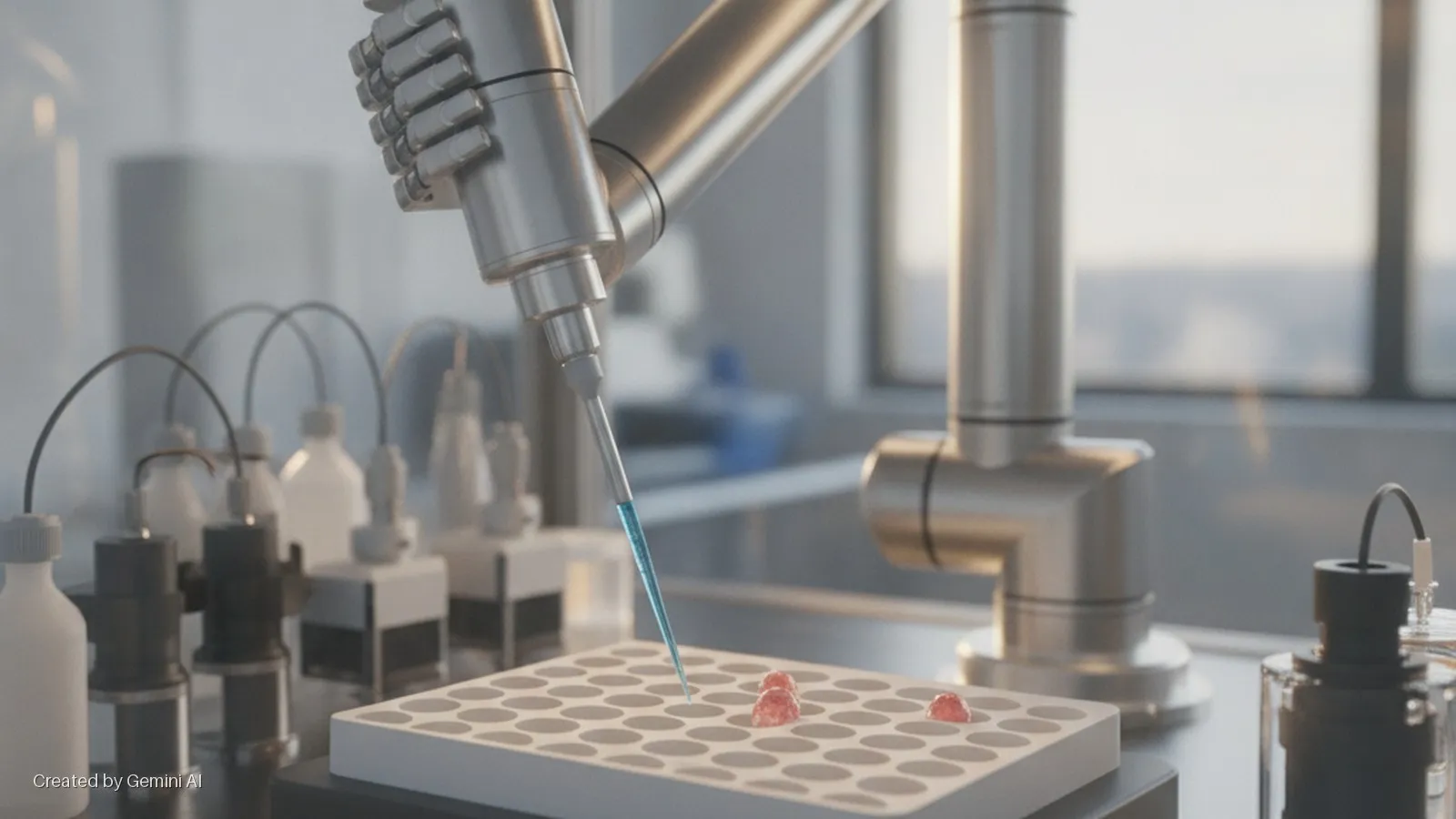 A robotic arm uses a pipette to dispense blue liquid into a white multi-well plate containing several red samples in a brightly lit laboratory setting.