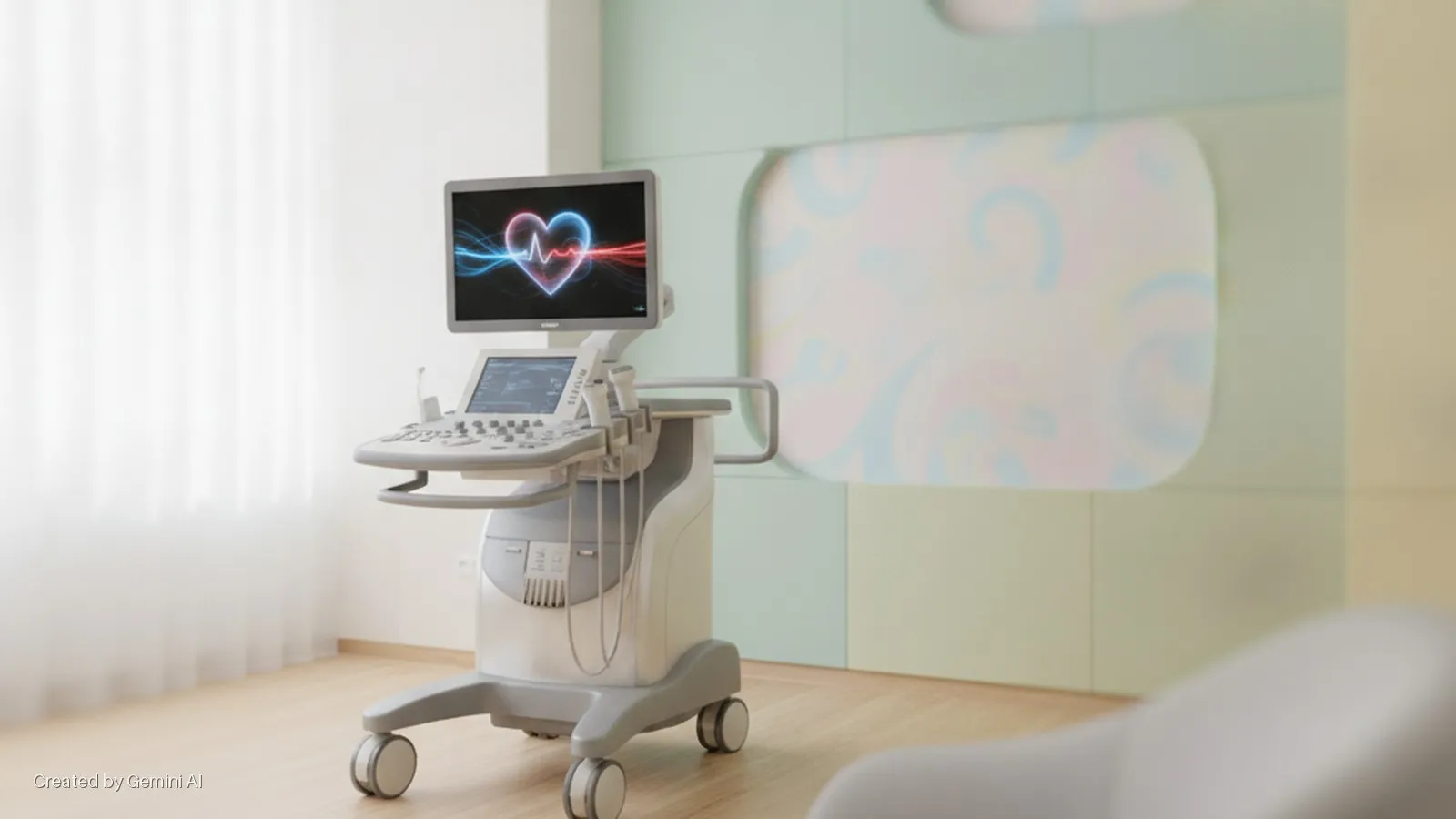 A bright medical examination room features a modern ultrasound machine displaying a glowing heart with an ECG line on its main monitor, positioned on a wooden floor before sheer window curtains and pale green decorative wall panels.