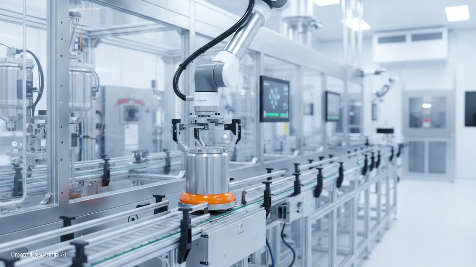 A robotic arm holds a metal container on a conveyor belt in a brightly lit, modern industrial clean room with processing machinery and digital displays.