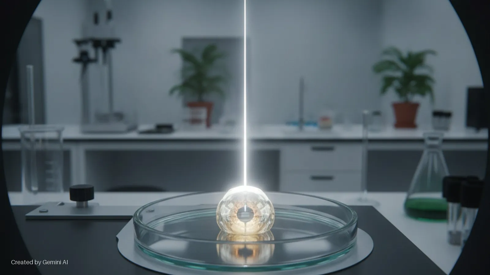 A glowing white light beam illuminates a translucent, gold-toned, eye-like sphere in a petri dish on a dark lab bench, set against a blurred background of laboratory equipment and potted plants.