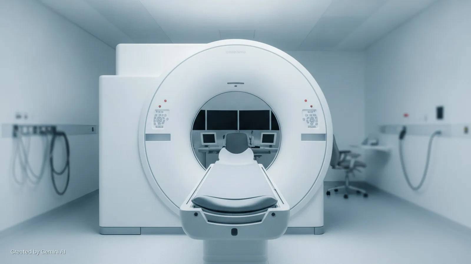 A large, white CT scanner with a patient table stands centered in a brightly lit, cool-toned medical examination room, featuring control monitors inside the scanner's bore and various wall-mounted equipment.