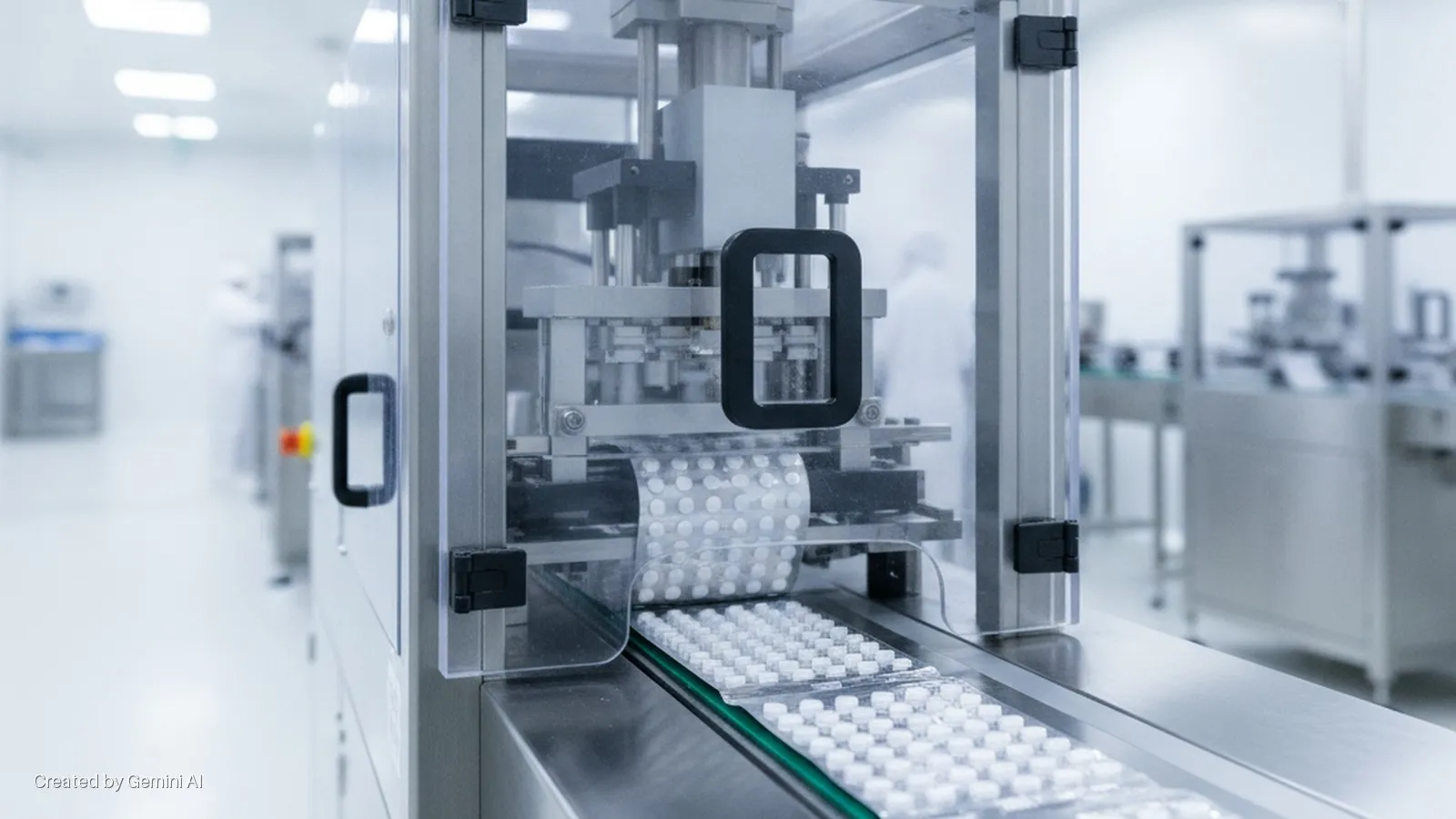 A pill packaging machine in a sterile pharmaceutical manufacturing facility produces blister packs of white pills on a conveyor belt under bright, overhead lighting.