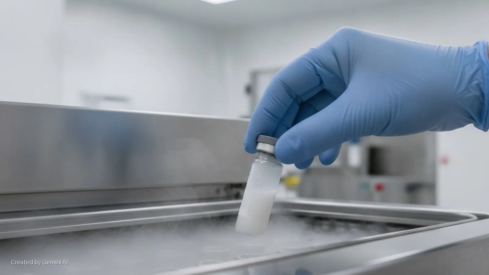 A hand in a blue glove holds a clear vial containing a white suspension over a metal tray emitting cold vapor in a brightly lit cleanroom laboratory.