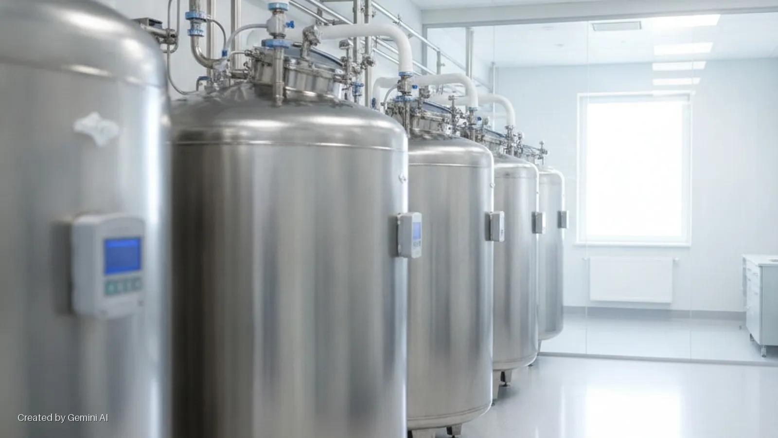 A row of large, cylindrical, stainless steel tanks with digital monitors and connecting white pipes stands in a brightly lit, sterile cleanroom with a large window in the background.