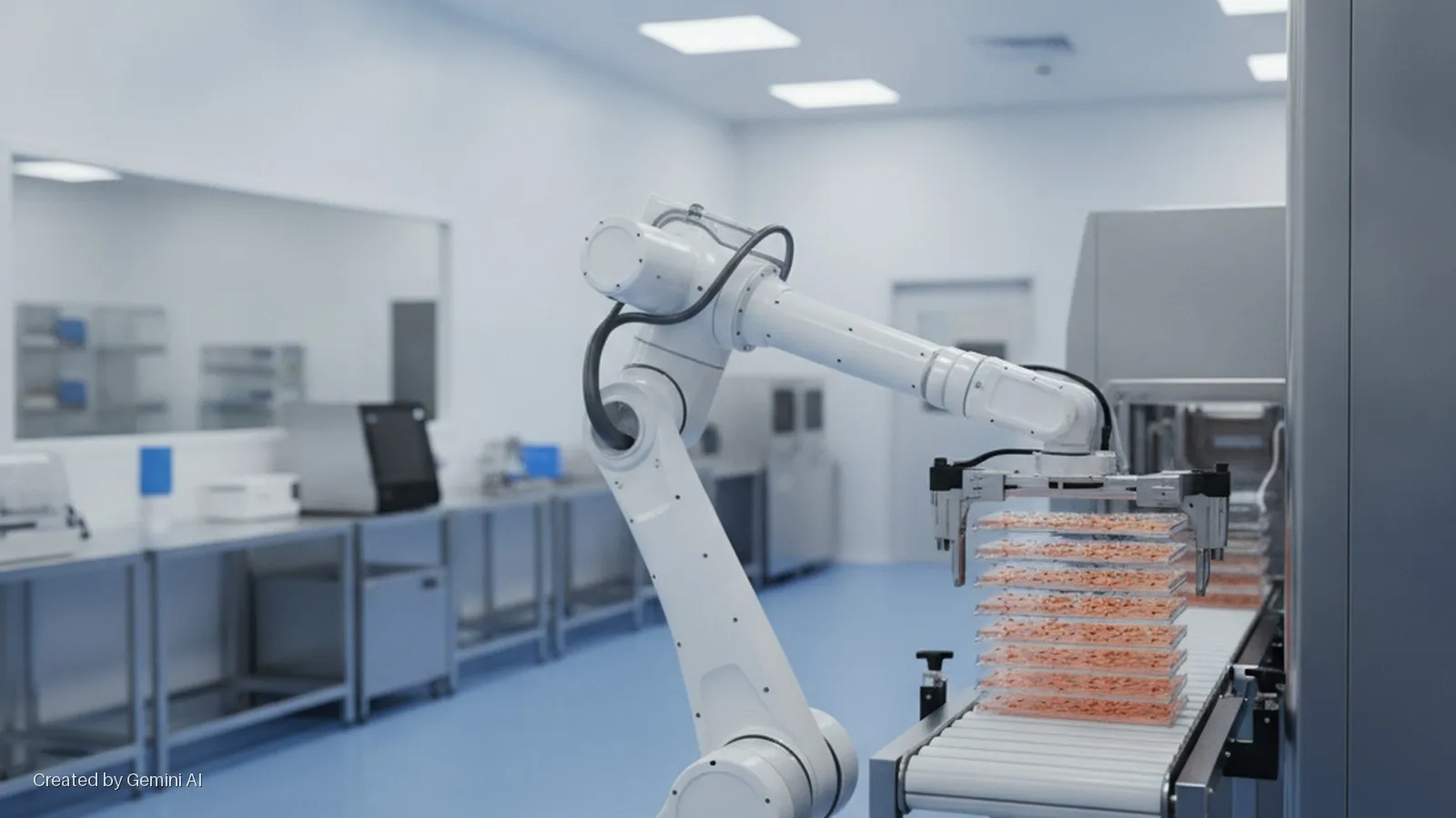 A white robotic arm holds stacked clear trays containing orange samples over a conveyor belt in a brightly lit laboratory equipped with stainless steel tables and scientific instruments.