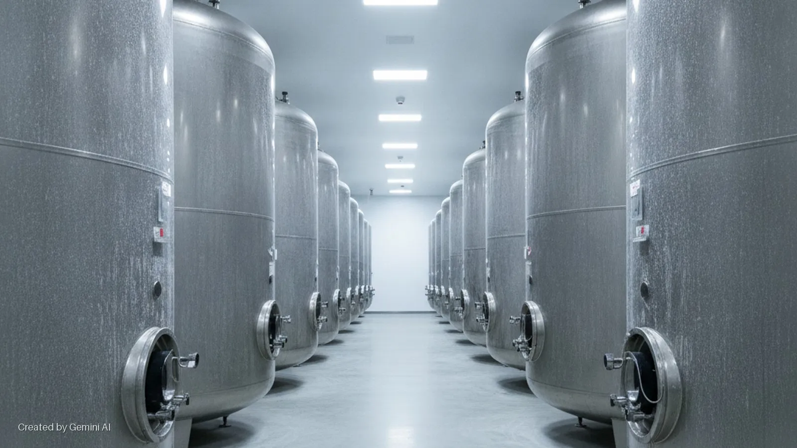 Two long rows of tall, cylindrical stainless steel industrial tanks with manways line a brightly lit hall featuring a concrete floor and overhead fluorescent lights.