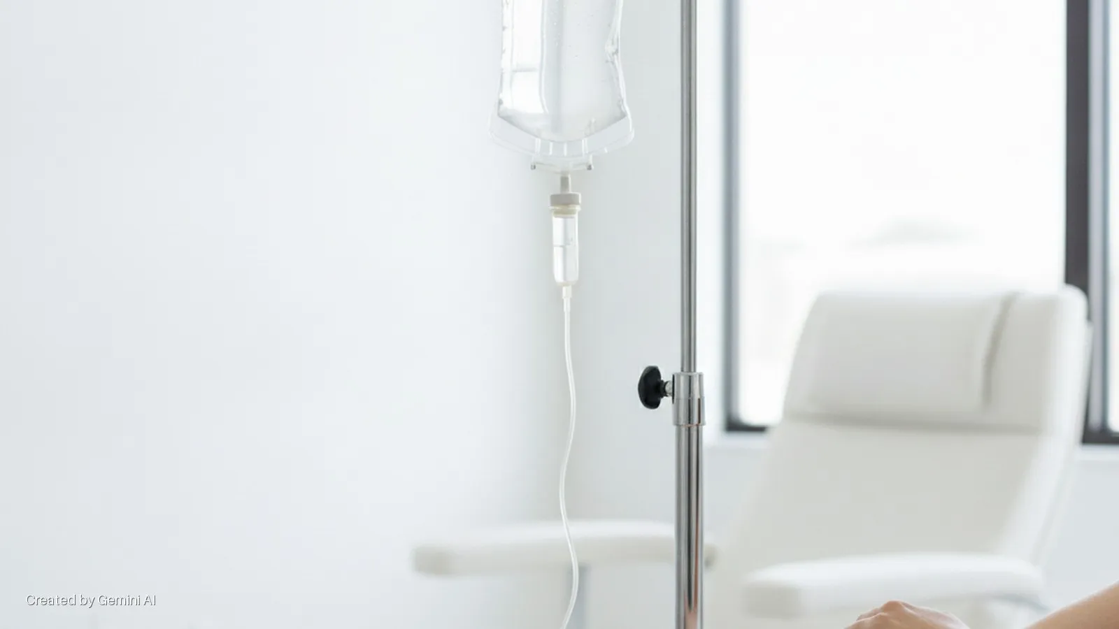 A brightly lit medical room with an IV drip hanging from a metal stand on the right, a white medical chair by a large window in the background, and a person's arm in the lower right foreground.