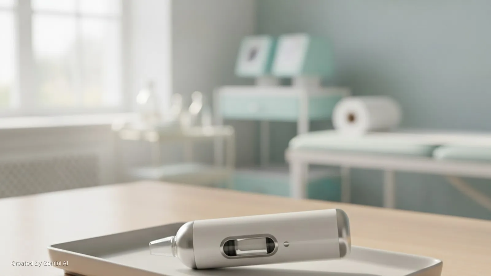 A white handheld diagnostic medical device rests on a grey tray on a wooden table in a brightly lit doctor's office with a window and blurred medical equipment in the background.
