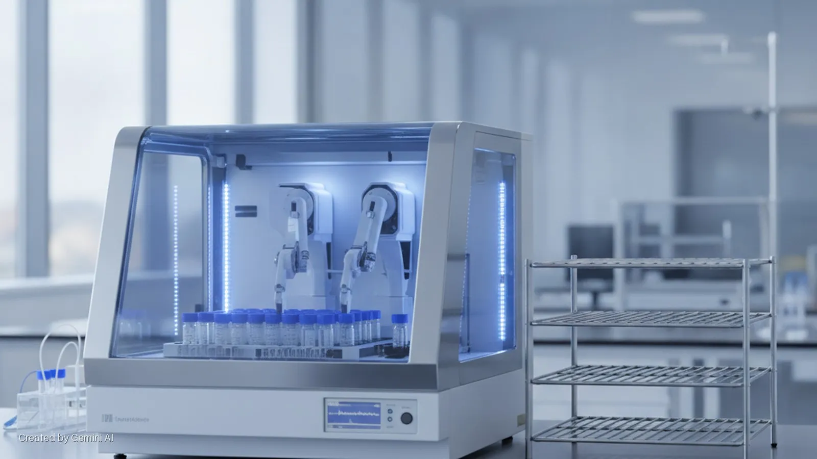 An automated liquid handling robot with two arms dispensing into rows of vials, illuminated by internal blue lights, sits on a lab bench next to a metal rack in a bright, modern laboratory.