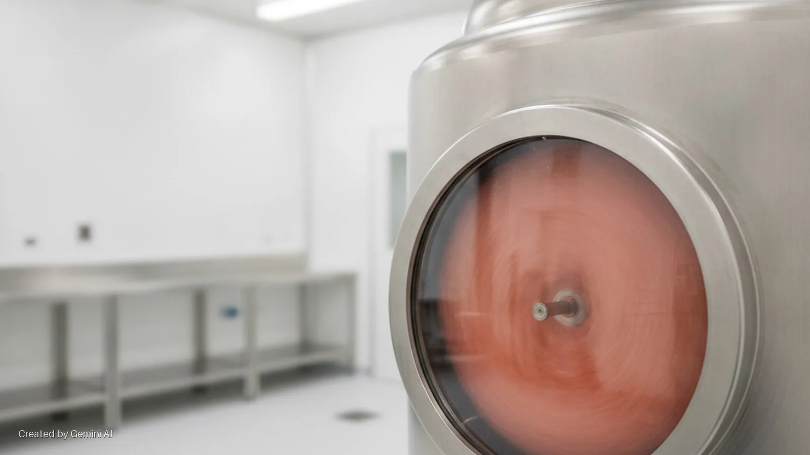 A stainless steel processing vessel with a circular viewing window shows a rapidly rotating reddish-orange substance inside, set in a brightly lit clean room with blurred stainless steel tables.