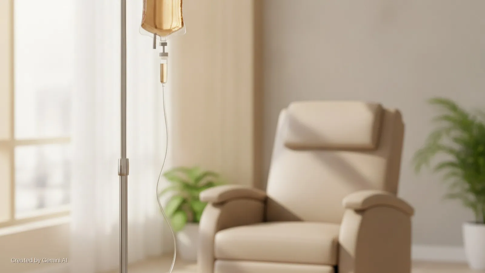 An IV drip pole with a golden liquid bag stands in the foreground of a brightly lit room featuring a beige recliner, potted plants, and natural light from a window.