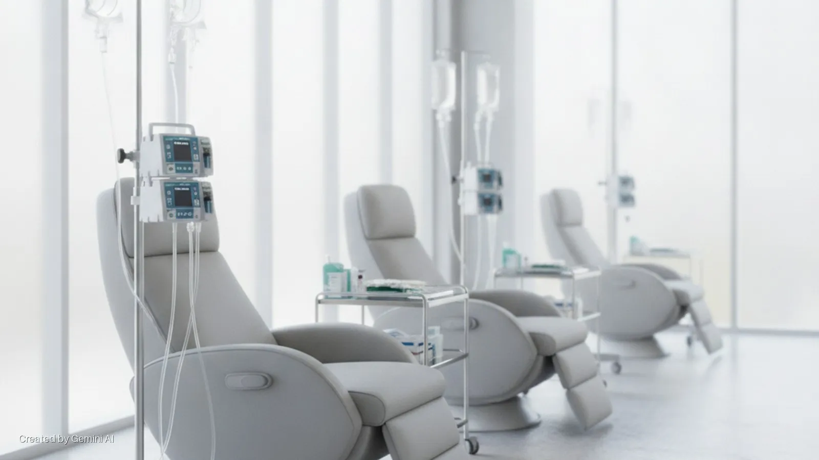 Three empty reclining medical chairs with IV poles holding infusion pumps and hanging IV bags, next to small medical carts, in a brightly lit treatment room with large windows.