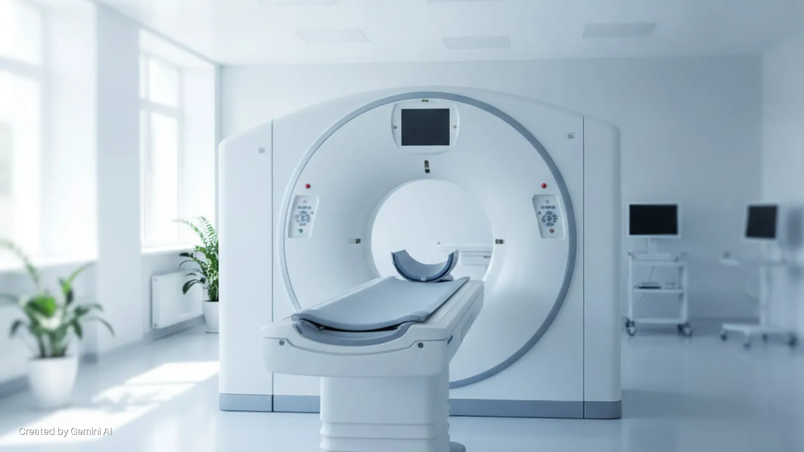 A brightly lit, modern medical imaging room contains a large CT scanner with a patient table and head cradle, large windows with potted plants, and medical carts with monitors.