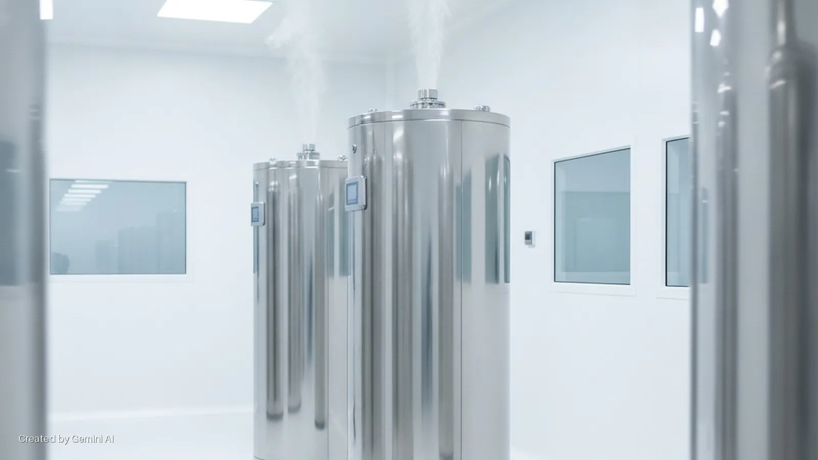 Brightly lit cleanroom featuring a row of stainless steel cryogenic storage tanks emitting vapor, with clean white walls and multiple windows.