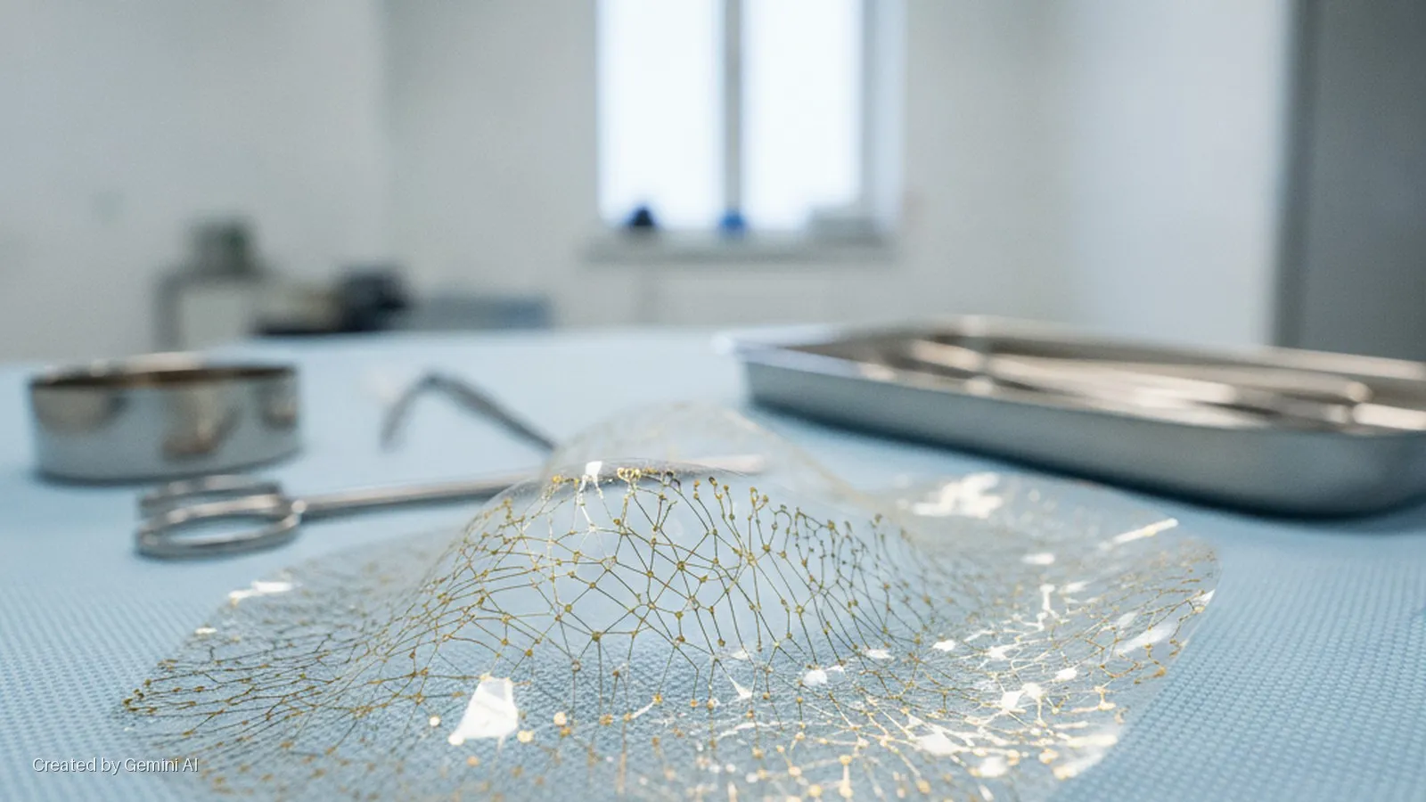 A transparent, flexible mesh material with a golden patterned network rests on a light blue surgical drape, surrounded by various metal medical instruments and trays, under bright lighting in a room with a window.