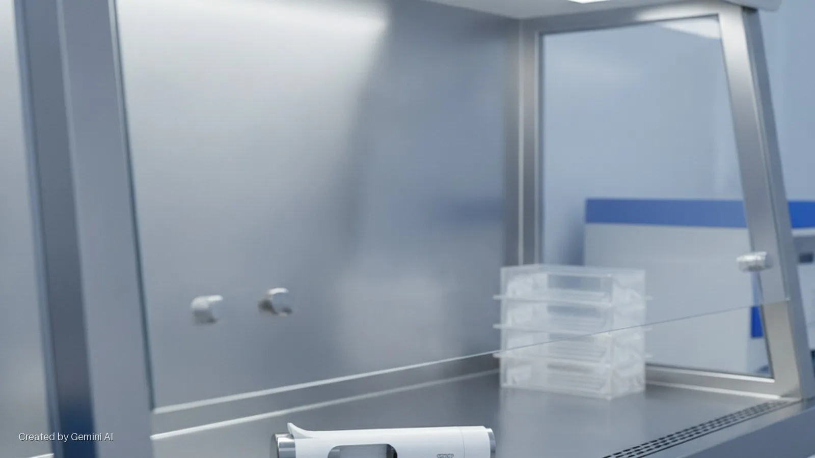 A clean lab interior, likely a biosafety cabinet, features a white lab instrument in the foreground, clear stacked plastic trays, and silver faucets on stainless steel surfaces, illuminated by bright, diffuse light.