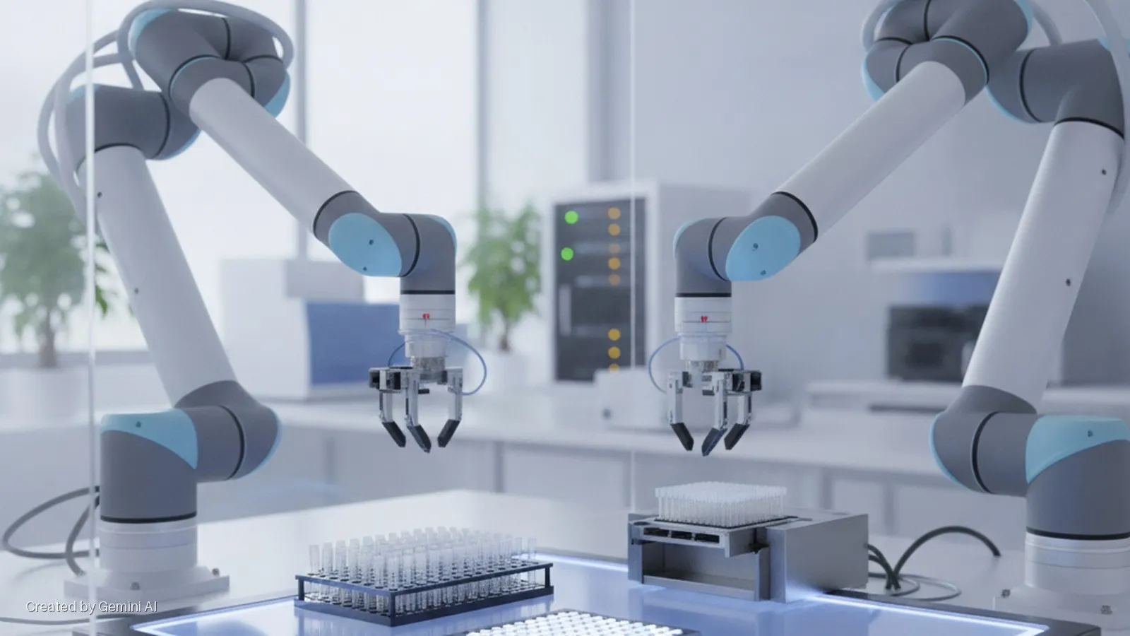 Two robotic arms with grippers are positioned above test tube racks and a microplate on a bright lab bench in a modern laboratory.