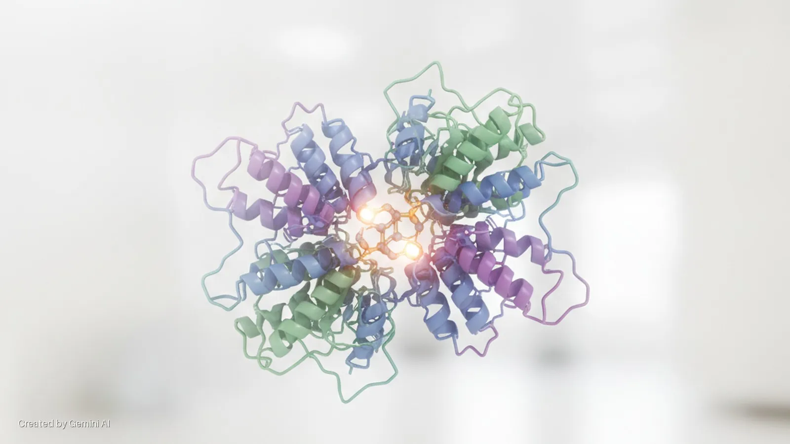 A multi-subunit protein, depicted as blue, green, and purple ribbons with alpha-helices and loops, encircles a glowing orange central molecular structure against a blurred white background.