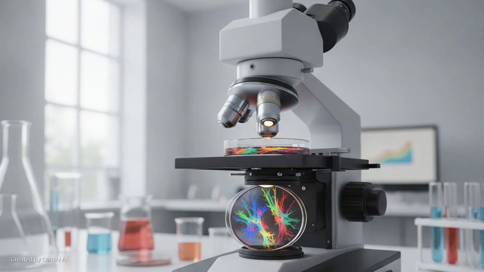 A brightly lit laboratory features a microscope with illuminated colorful biological samples in petri dishes, surrounded by various lab glassware and a blurred computer monitor displaying a graph.