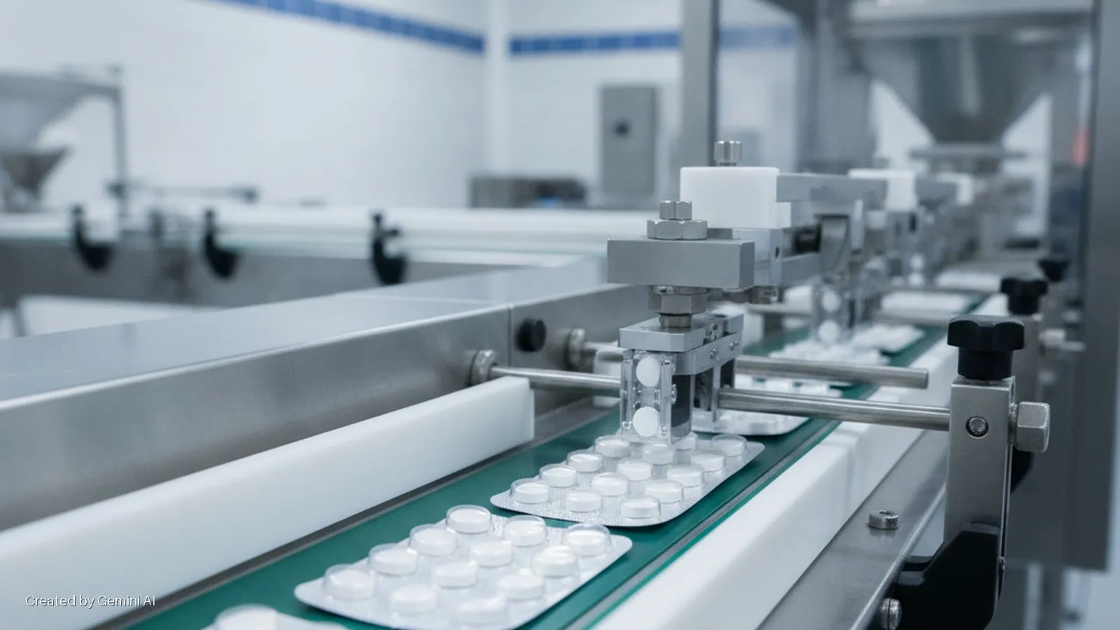 Blister packs of white pills move along a green conveyor belt under automated packaging machinery in a brightly lit pharmaceutical production facility.