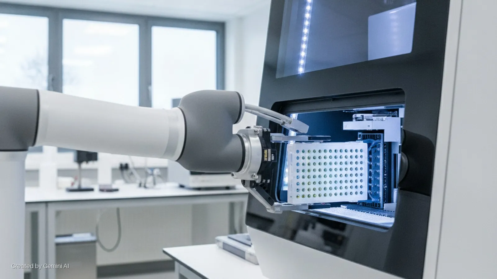 A robotic arm inserts a microplate with multiple wells into a dark grey laboratory instrument with internal blue-white illumination, set in a brightly lit lab.