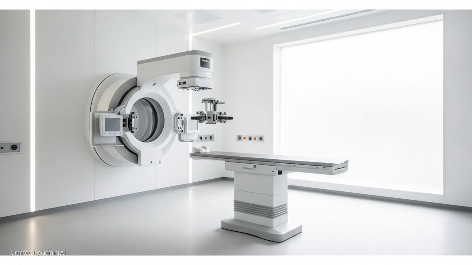 A brightly lit, modern medical operating room features a large white wall-mounted surgical laser system, a gray patient table branded "Catarus", integrated strip lighting, and a large window.