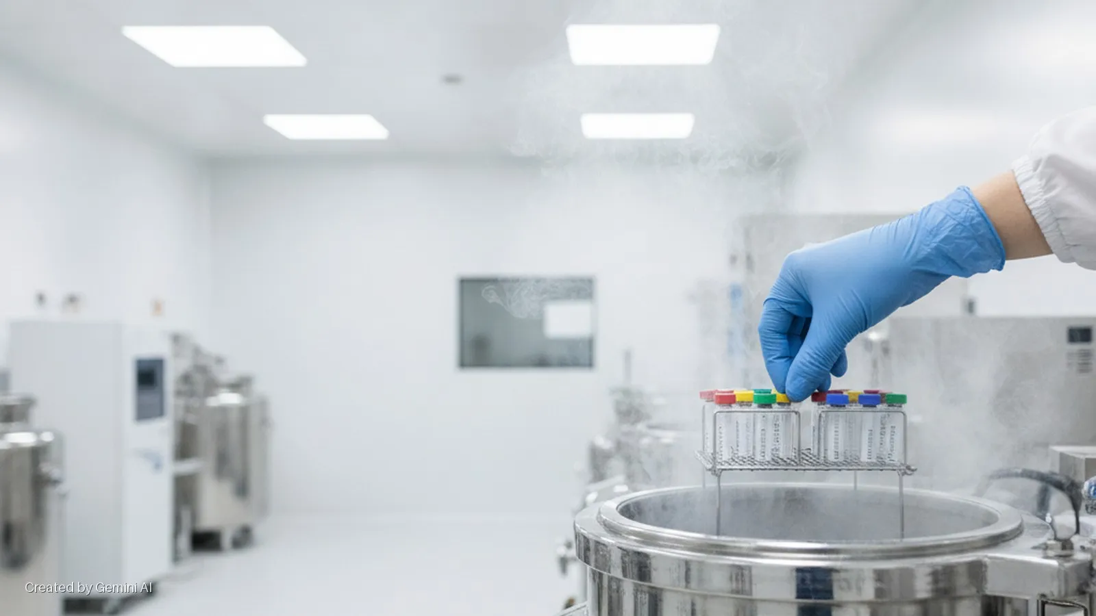 A gloved hand places vials with colored caps into a steaming metal cryogenic storage tank in a brightly lit, white-walled laboratory with overhead rectangular lights and scientific equipment.
