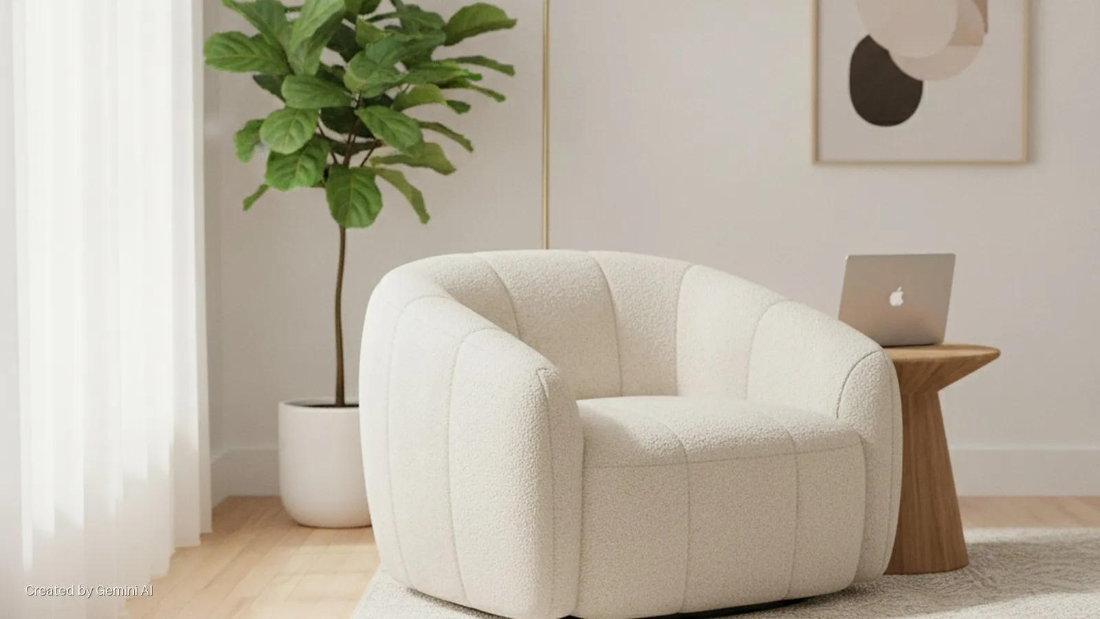 A bright, naturally lit minimalist living room showcasing a textured white boucle armchair, a wooden side table with a silver laptop, a fiddle leaf fig plant, and sheer white curtains.