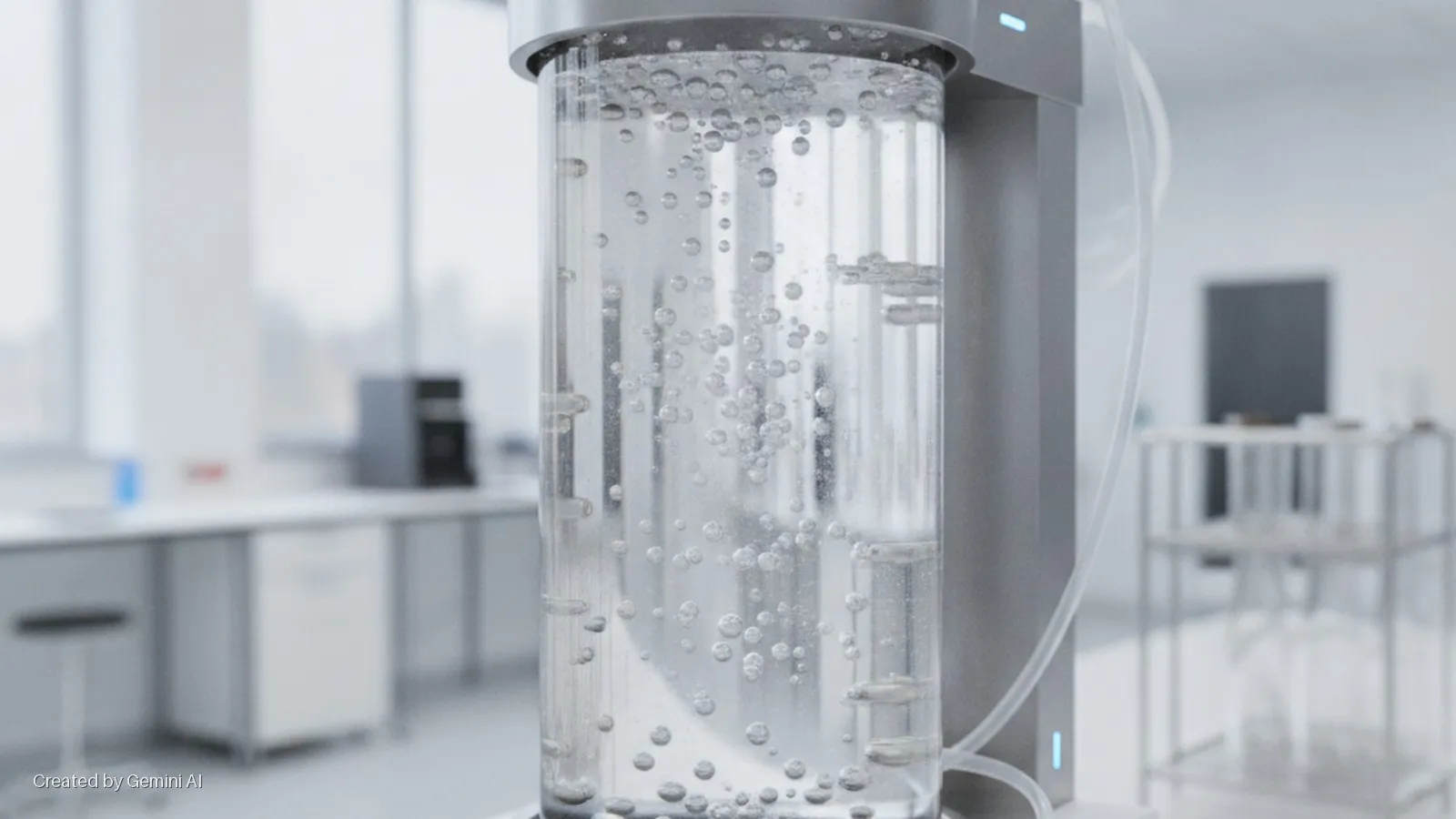 A clear cylinder with bubbling liquid, integrated into a grey scientific machine, sits in a brightly lit, modern laboratory with various equipment blurred in the background.