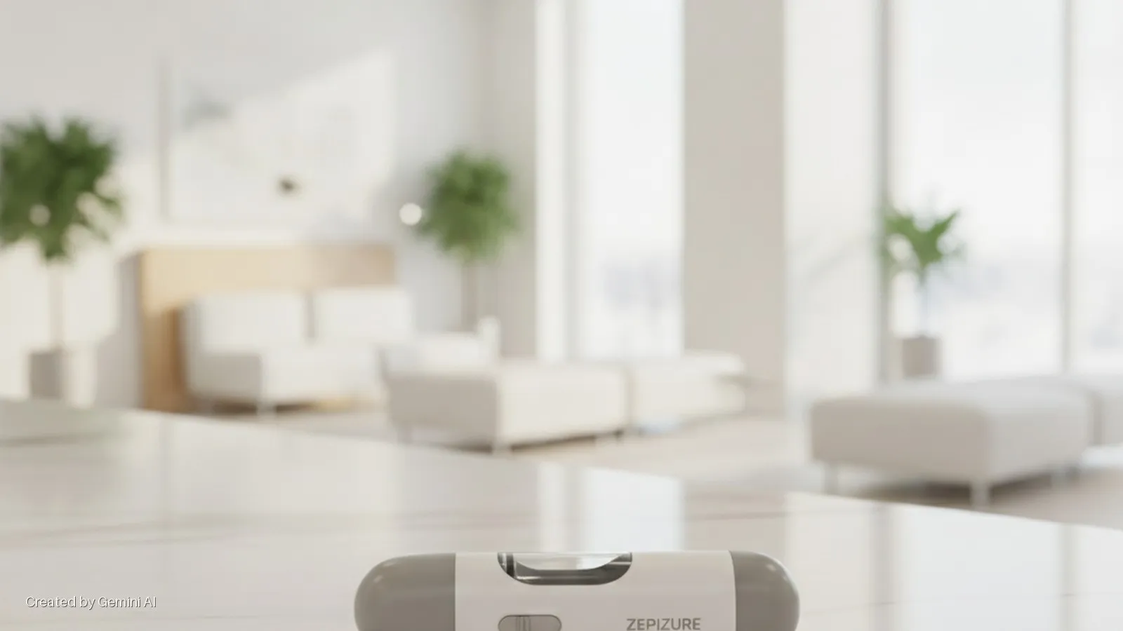 A spirit level lies on a white surface in front of a brightly lit, blurred modern living room with large windows and minimalist furniture.