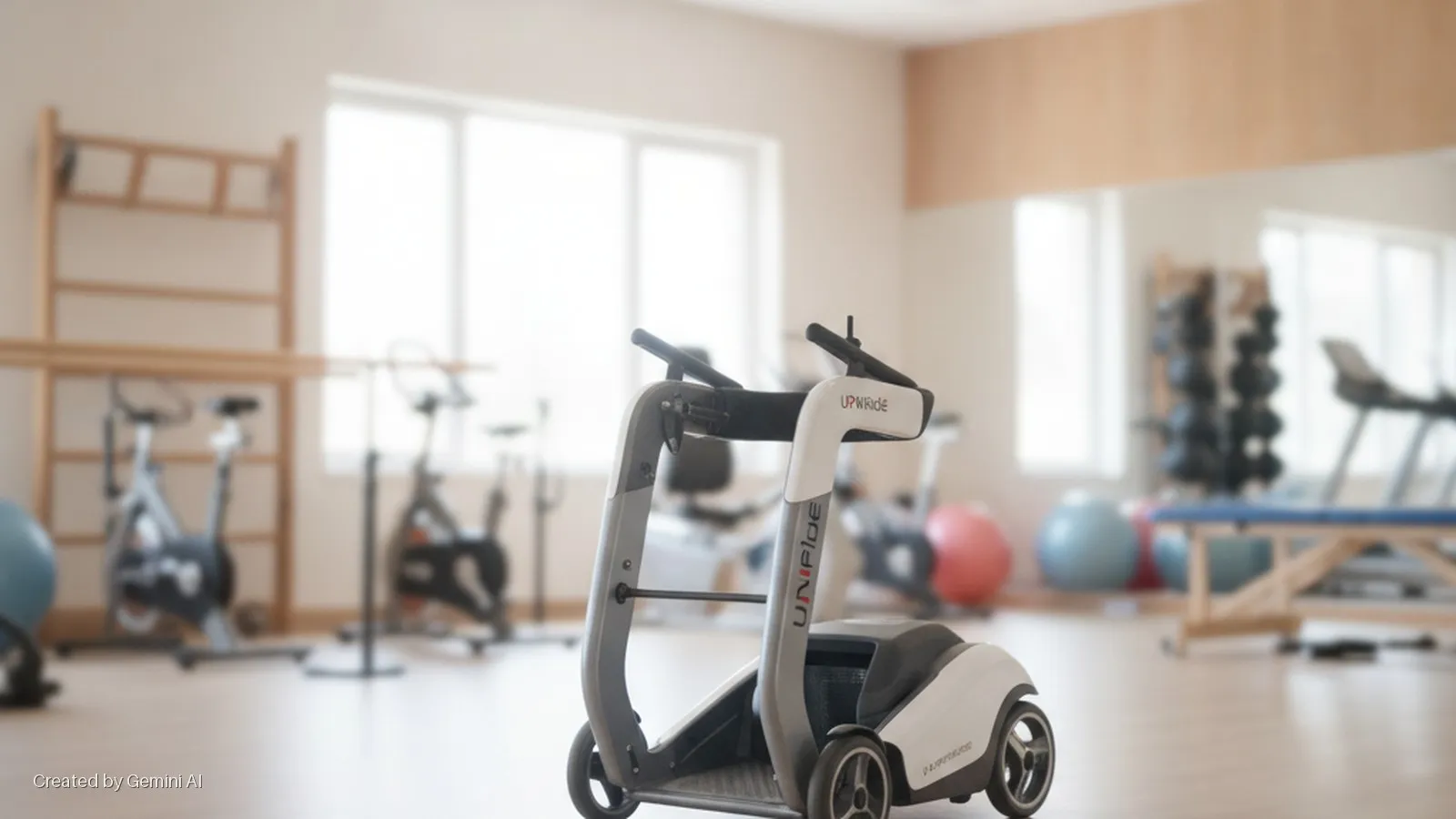 A white and grey UNiFiDe UPW®ide mobility device stands prominently in a brightly lit physical therapy gym, featuring exercise bikes, stability balls, a Swedish ladder, dumbbells, a treadmill, and a treatment table.