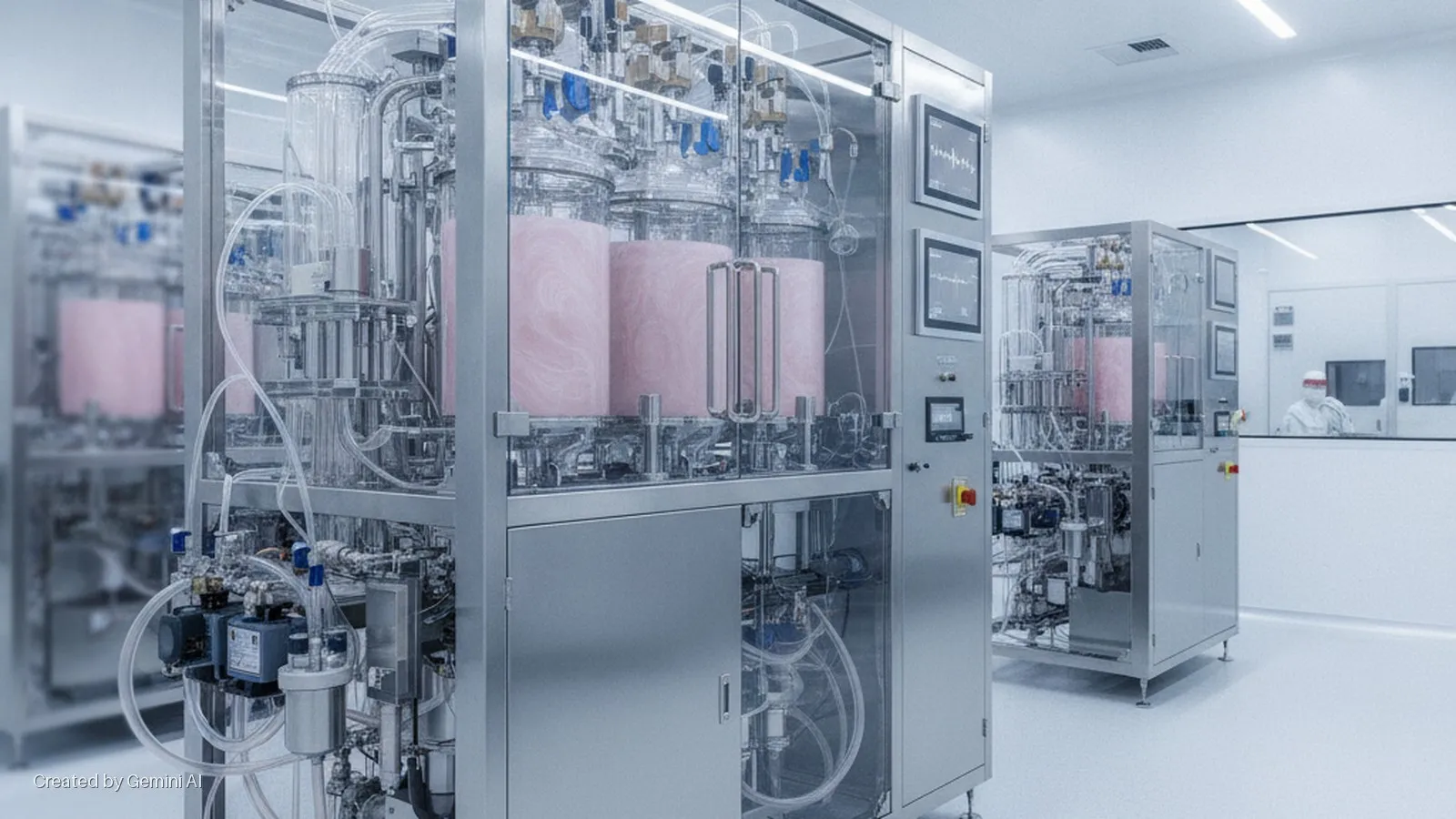 Modular bioprocessing equipment with large glass vessels containing pink media and extensive tubing operates under bright, cool-toned lighting in a sterile cleanroom, with a technician visible through a glass wall in the background.
