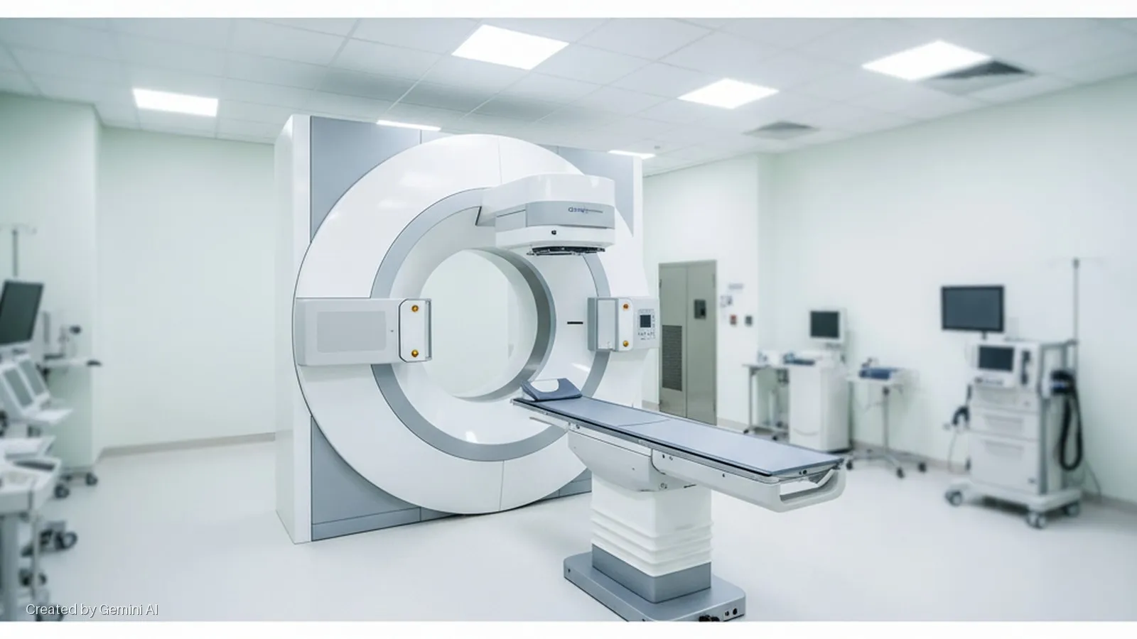 A brightly lit, sterile medical room contains a large, modern medical imaging machine with an adjustable patient table, surrounded by various diagnostic equipment on mobile carts.