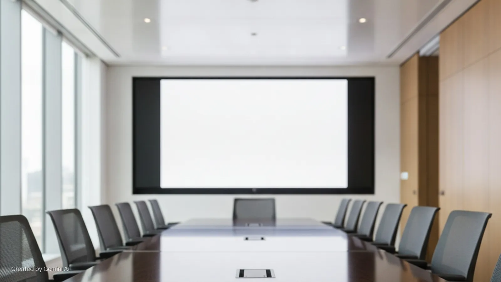 A brightly lit, modern conference room features a long dark wooden table surrounded by numerous mesh chairs, a large blank projection screen, and a wall of windows on the left.