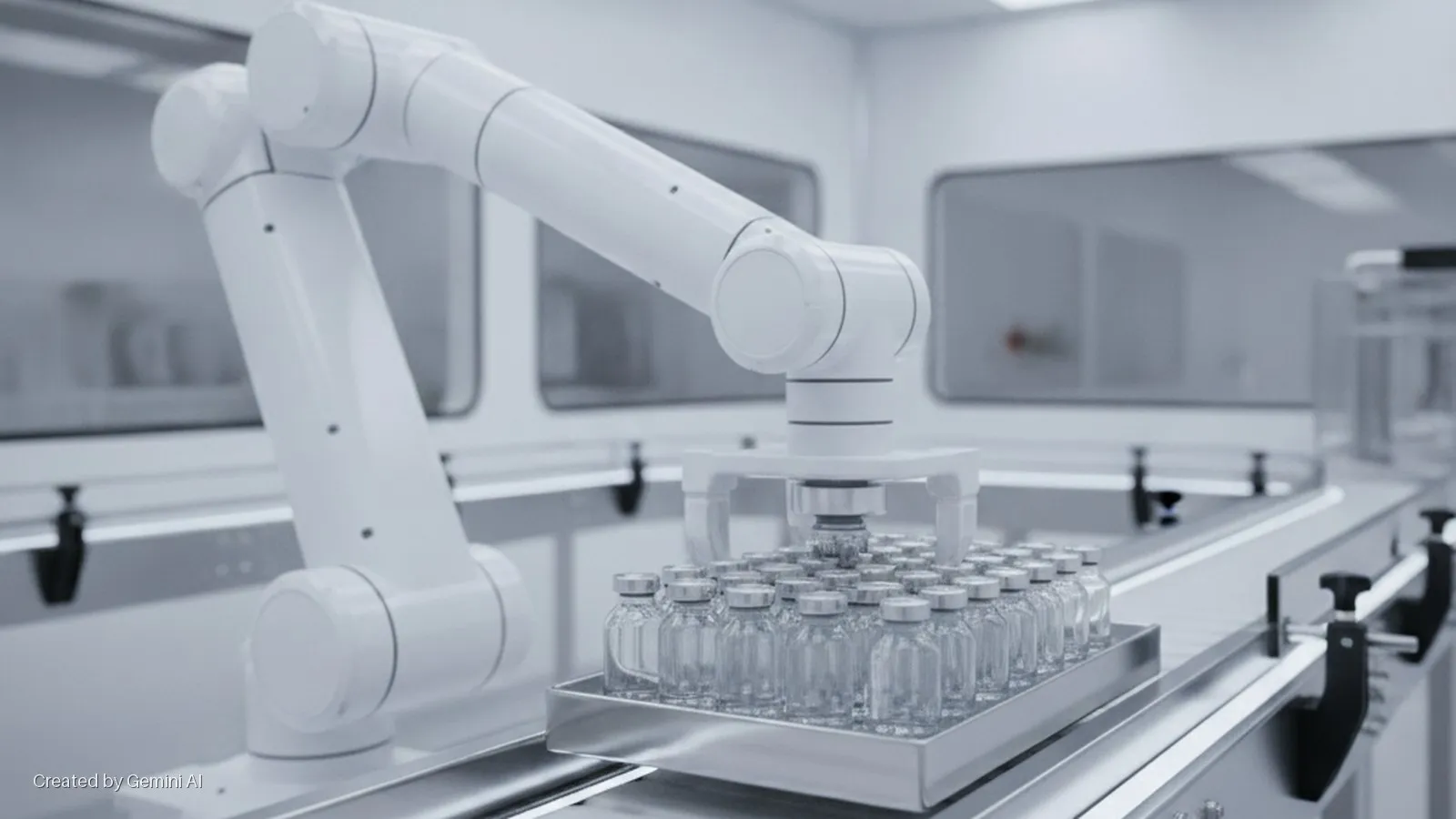 A white robotic arm handles a metal tray of clear glass vials on a conveyor belt in a bright, sterile manufacturing facility.