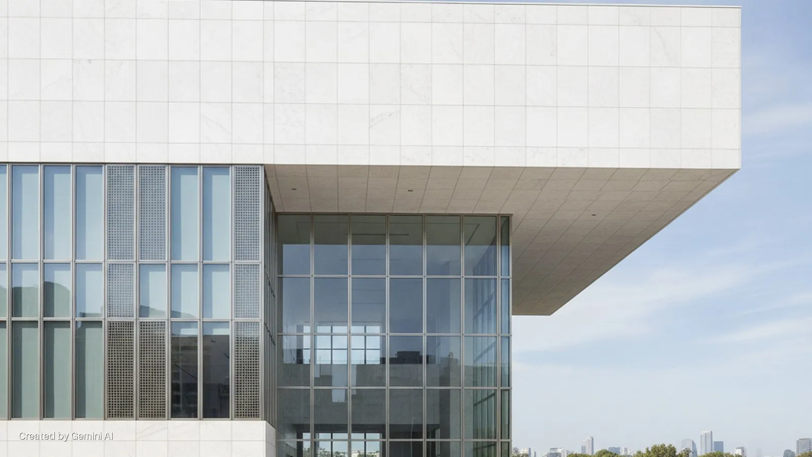 A modern white tiled building featuring large glass windows and a prominent cantilevered roof is illuminated by bright daylight against a clear sky with a distant cityscape visible.