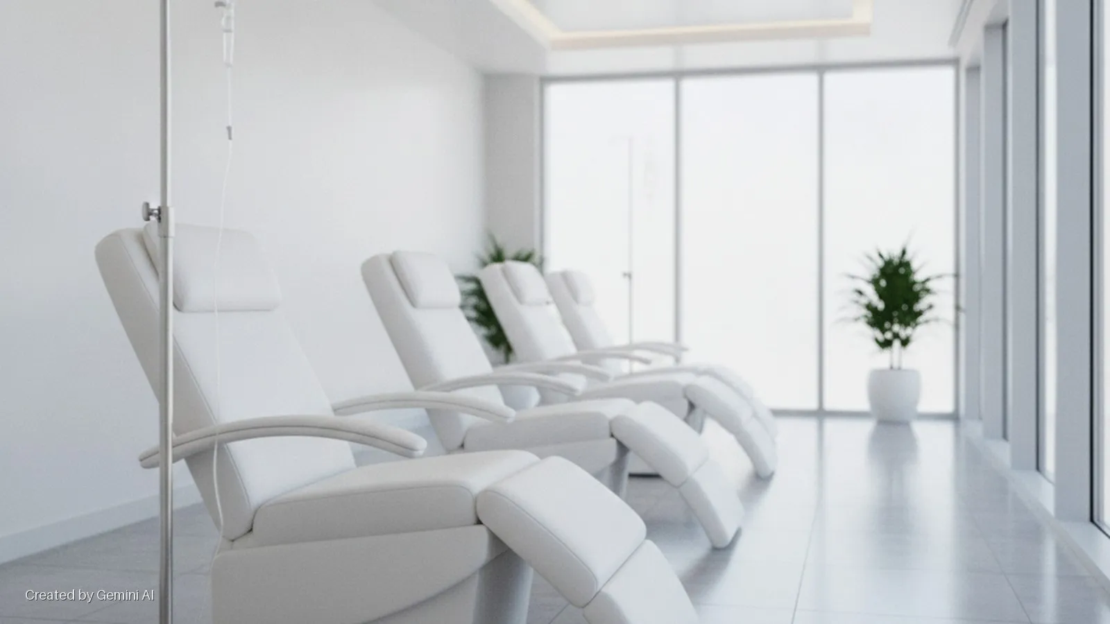 A brightly lit, modern medical infusion room features a row of white reclining chairs, an IV pole in the foreground, and a potted plant next to large windows.