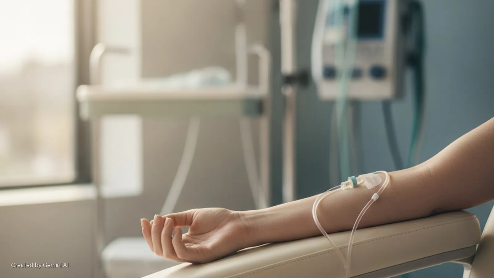 A patient's arm with an IV drip rests on a medical chair in a brightly lit hospital room, with a window and various medical equipment blurred in the background.