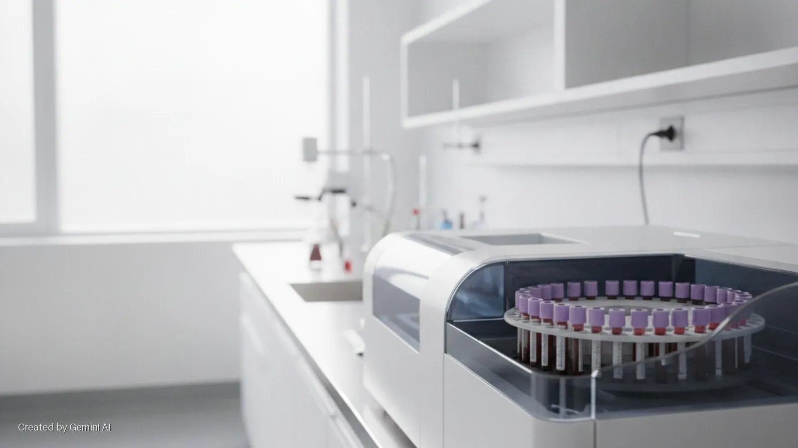 A brightly lit medical laboratory features an analyzer with a circular tray holding numerous blood sample tubes, alongside a window and shelves with glassware.