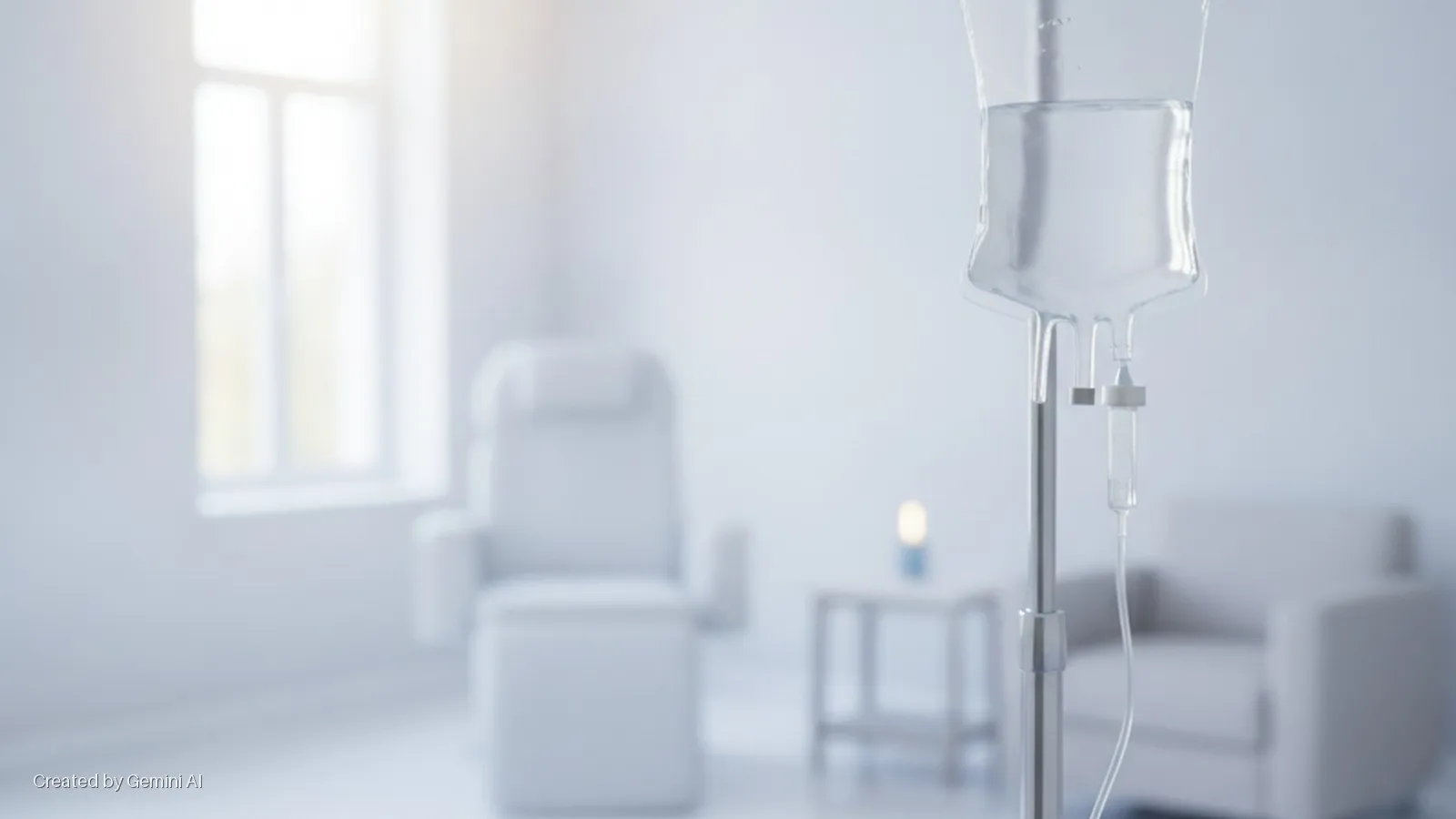 An IV bag with clear liquid hangs from a metal stand in the foreground of a bright, white medical room with a sunlit window, a reclining treatment chair, a side table, and an armchair in the blurred background.