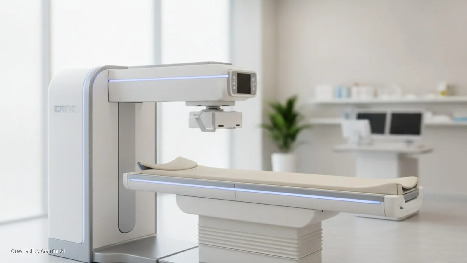 A bright medical examination room features a white DEX medical imaging machine with blue LED lighting and a cream-colored patient table, set against a blurred background with shelves, a plant, and a dual-monitor workstation.