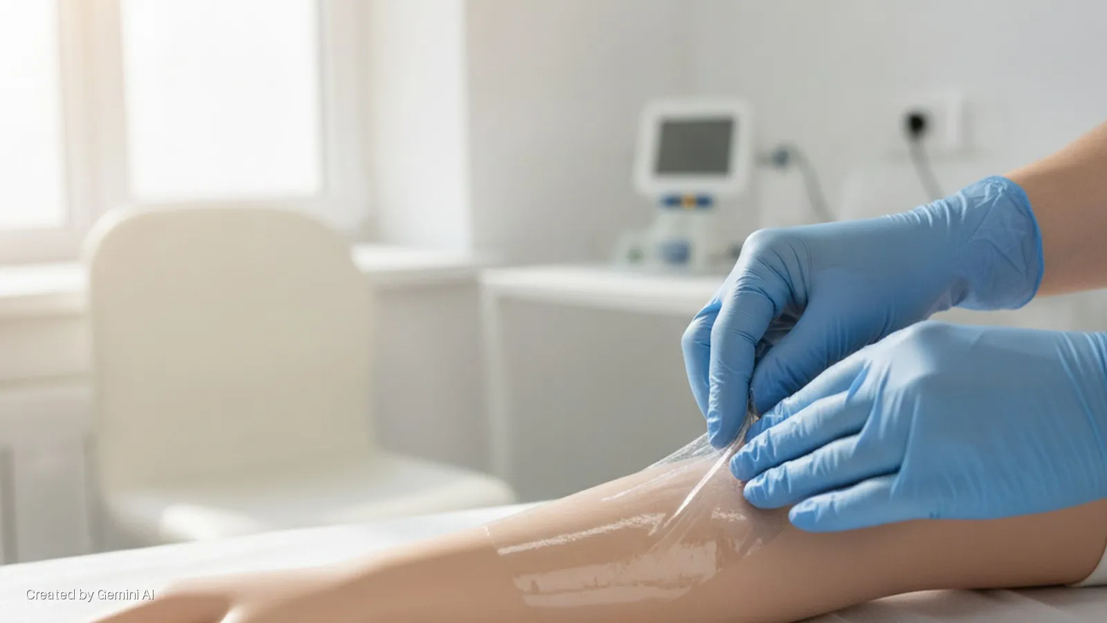 Gloved hands apply a clear protective film to a light-skinned arm in a brightly lit medical room with a window and medical equipment in the background.