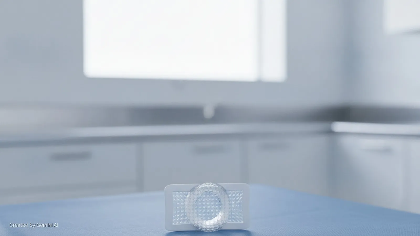 A white rectangular device with a clear, textured circular component rests on a light blue surface in a brightly lit, sterile room with white cabinets in the background.