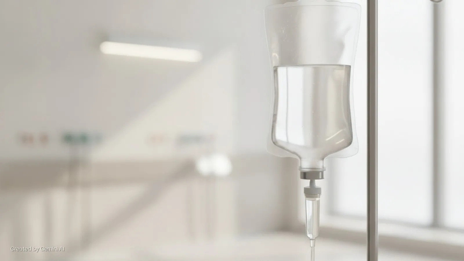A partially full IV bag hangs on a metal pole in a brightly lit hospital room, with a blurred ceiling light and medical equipment visible in the background.