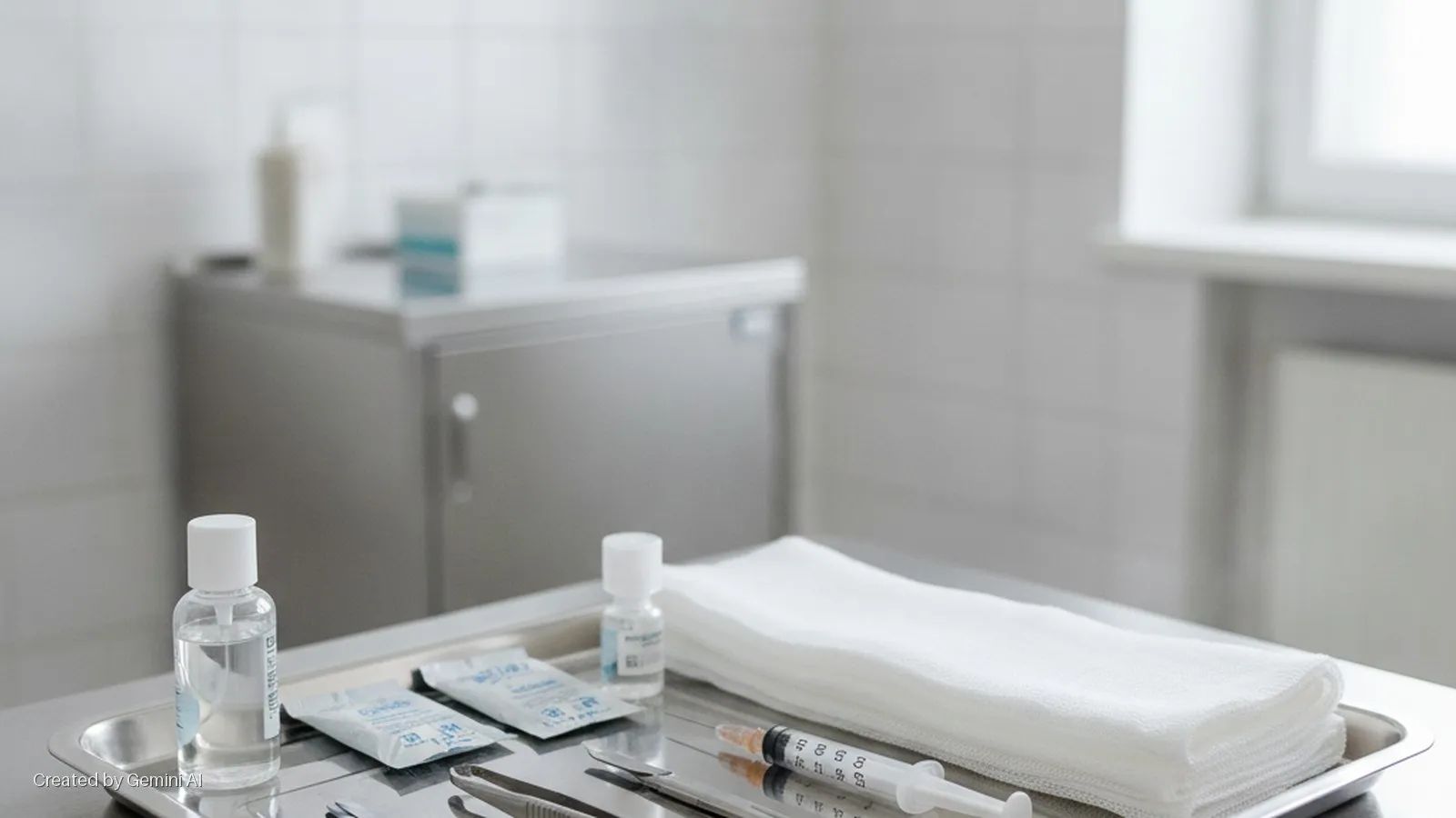A metal tray on a sterile surface holds a clear spray bottle, small vial, individual packets, surgical tools, a syringe, and a stack of white gauze in a brightly lit medical room with a stainless steel cabinet and white tiled walls.
