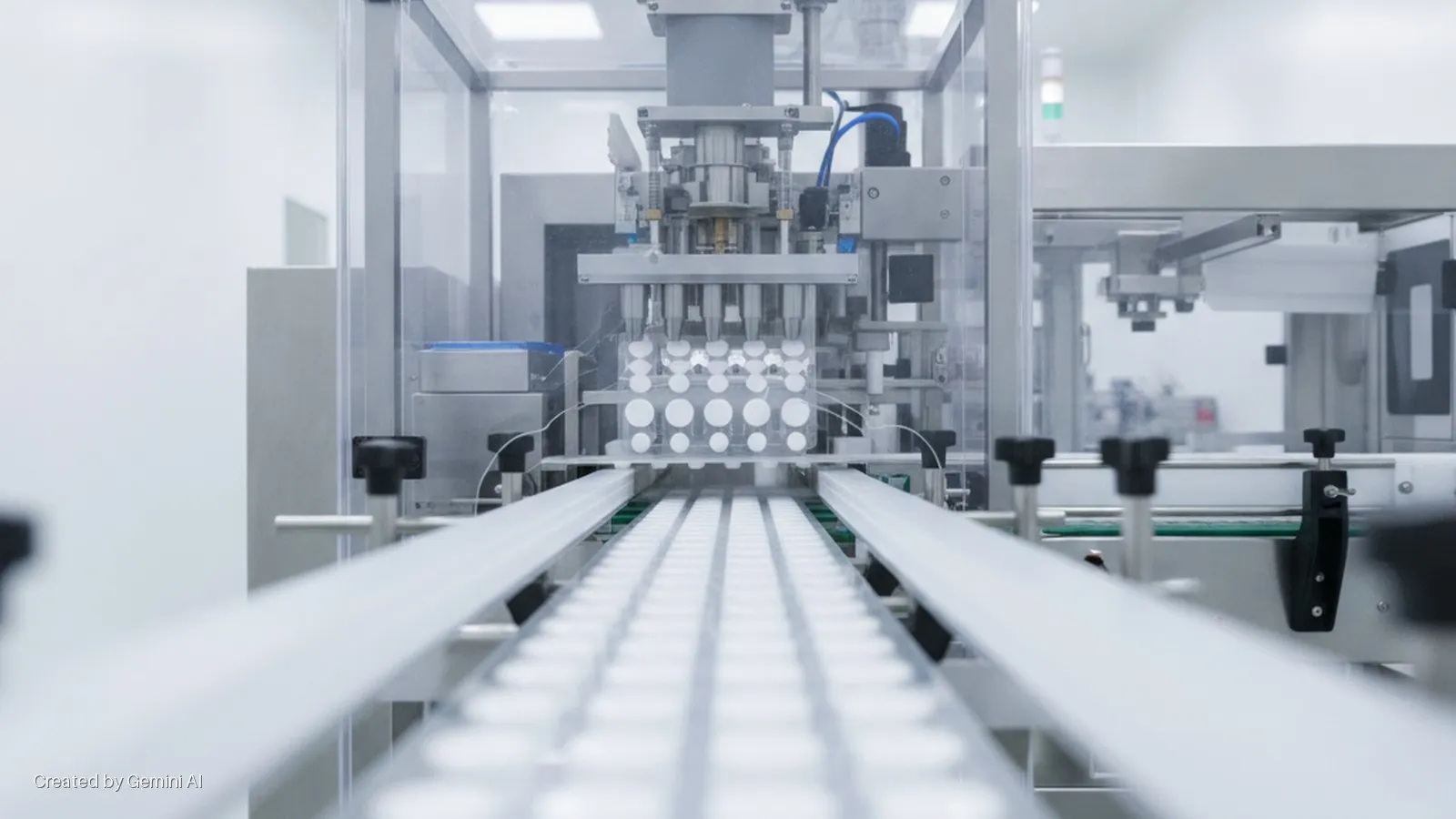 A brightly lit automated machine in a sterile manufacturing facility processes rows of white-capped vials on a conveyor belt, visible through a clear protective enclosure.