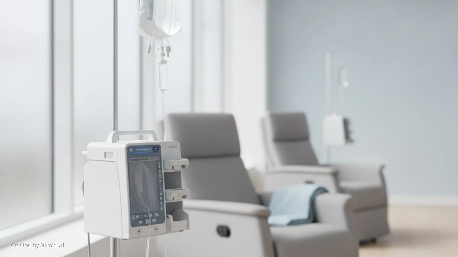 A bright medical treatment room features a white IV infusion pump with an IV bag hanging above, multiple grey recliner chairs, and large windows providing natural light.